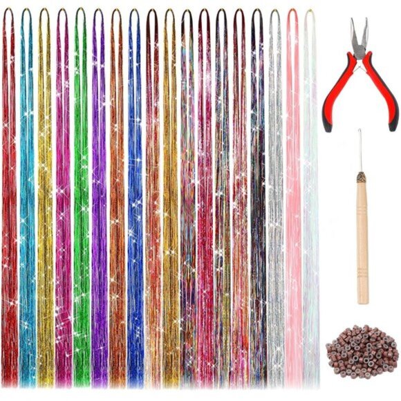 New 47 Inch Tinsel Hair Extensions Kit 3600 Strands 18 Colors for Women & Girls